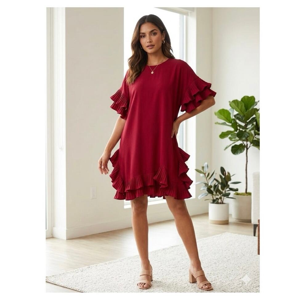 Gracia Burgundy Crimson Red Ruffled salsa Cocktail Party HolidayPleat wedding